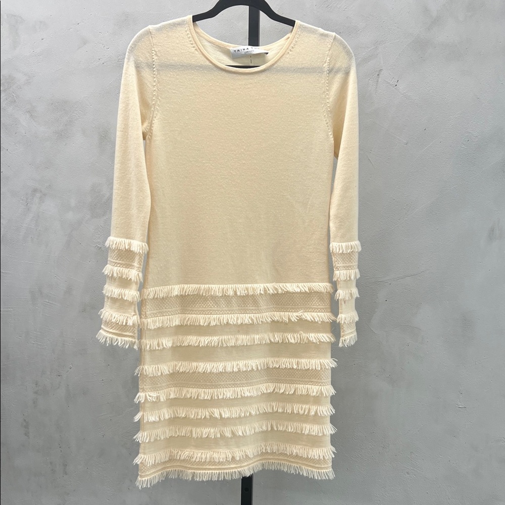 Trina Turk Cream Long Sleeve Fringe Dress